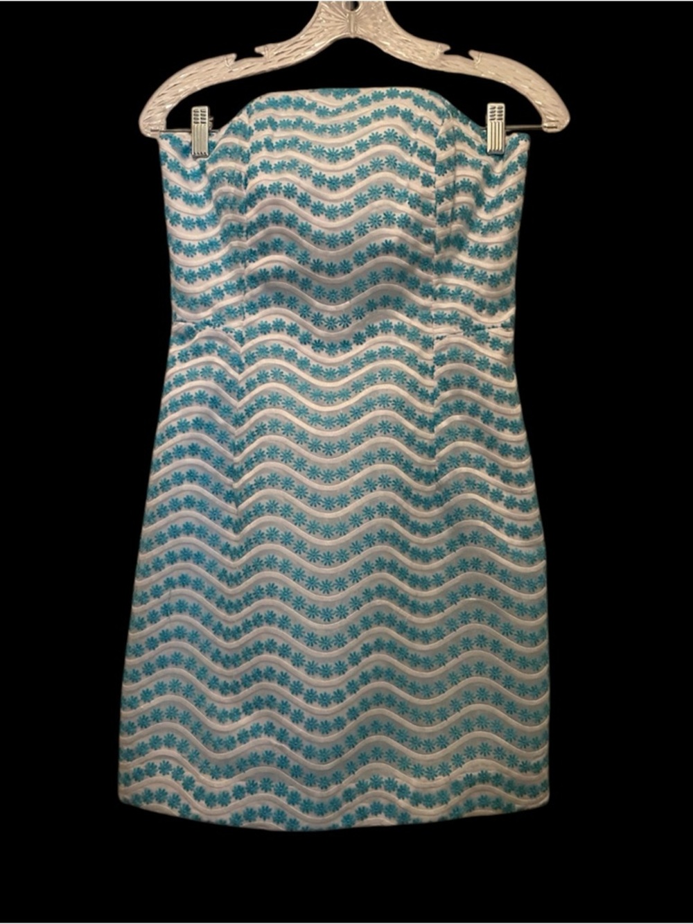 Lilly Pulitzer Strapless Aqua and White Wave-Print Dress